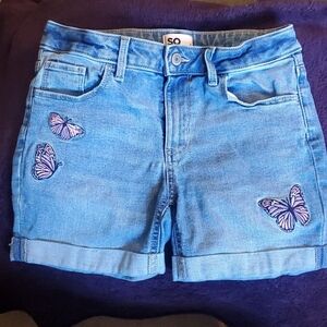 SO Girls Light Blue Denim Shorts with Pink Butterfly Embroidery